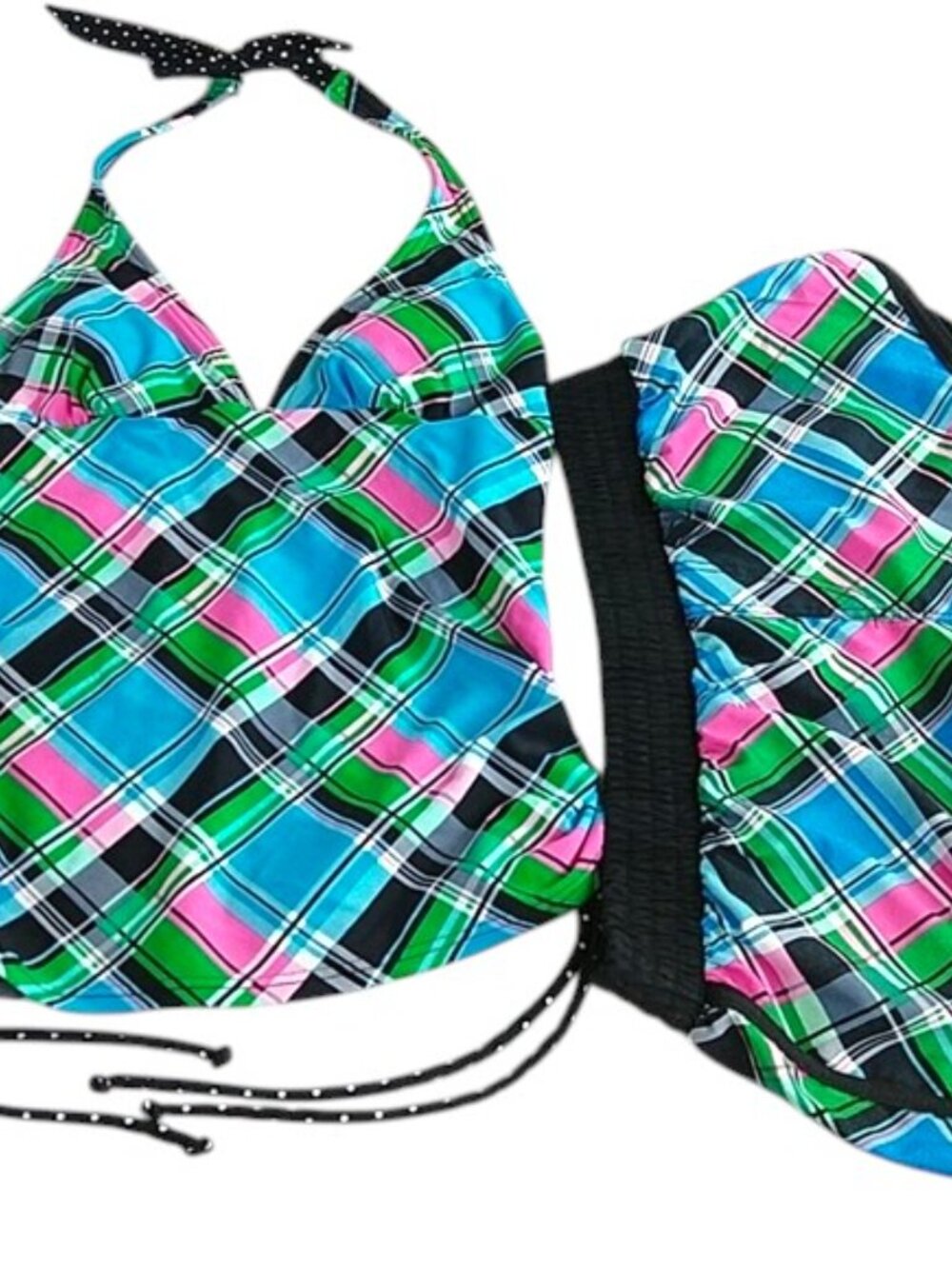 Hula Honey Plaid Set Ruched Side Tankini Polka Dot Tie Halter & Shorts